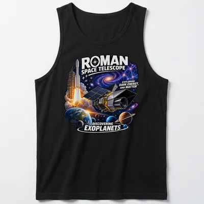Illustration of a space telescope with cosmic colors and text about dark energy and exoplanets — printed on a tank top