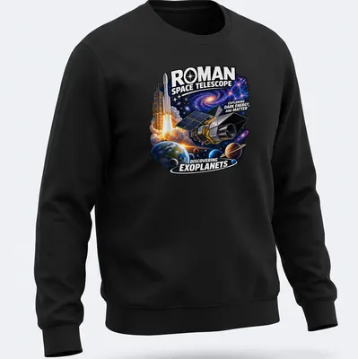 Illustration of a space telescope with cosmic colors and text about dark energy and exoplanets — printed on a unisex sweatshirt