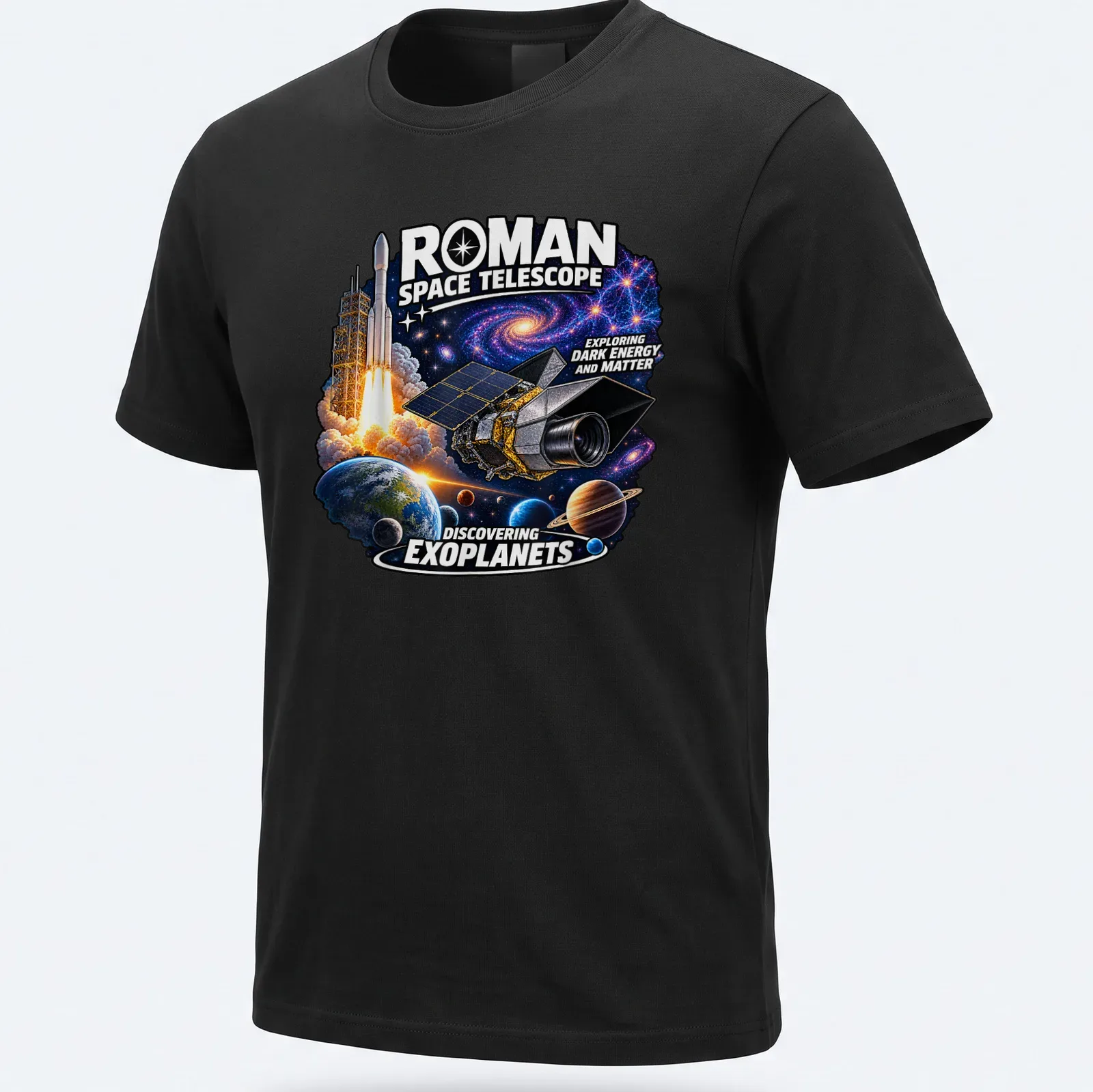 Illustration of a space telescope with cosmic colors and text about dark energy and exoplanets — printed on a unisex t-shirt