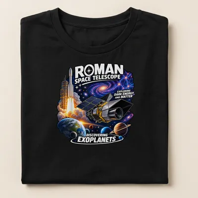 Illustration of a space telescope with cosmic colors and text about dark energy and exoplanets — printed on a women's shirt