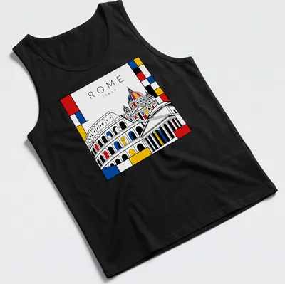 Mondrian style design featuring ROME ITALY with Colosseum and St. Peter's Basilica — printed on a tank top