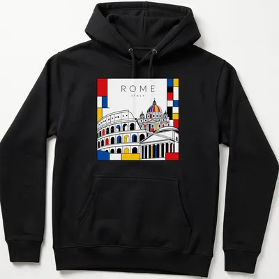 Mondrian style design featuring ROME ITALY with Colosseum and St. Peter's Basilica — printed on a unisex hoodie