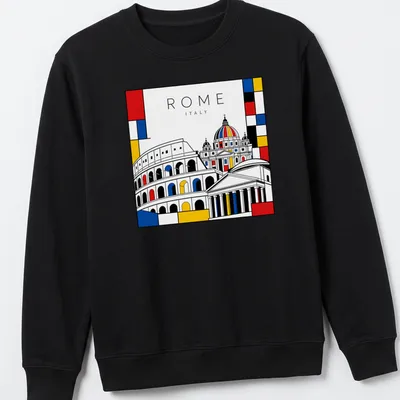 Mondrian style design featuring ROME ITALY with Colosseum and St. Peter's Basilica — printed on a unisex sweatshirt
