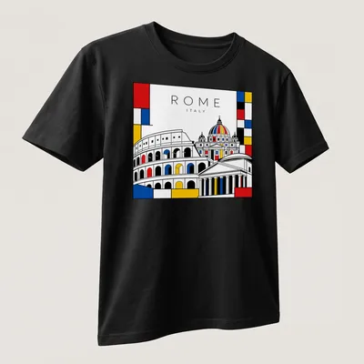 Mondrian style design featuring ROME ITALY with Colosseum and St. Peter's Basilica — printed on a unisex t-shirt (angled view)