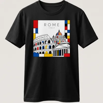 Mondrian style design featuring ROME ITALY with Colosseum and St. Peter's Basilica
