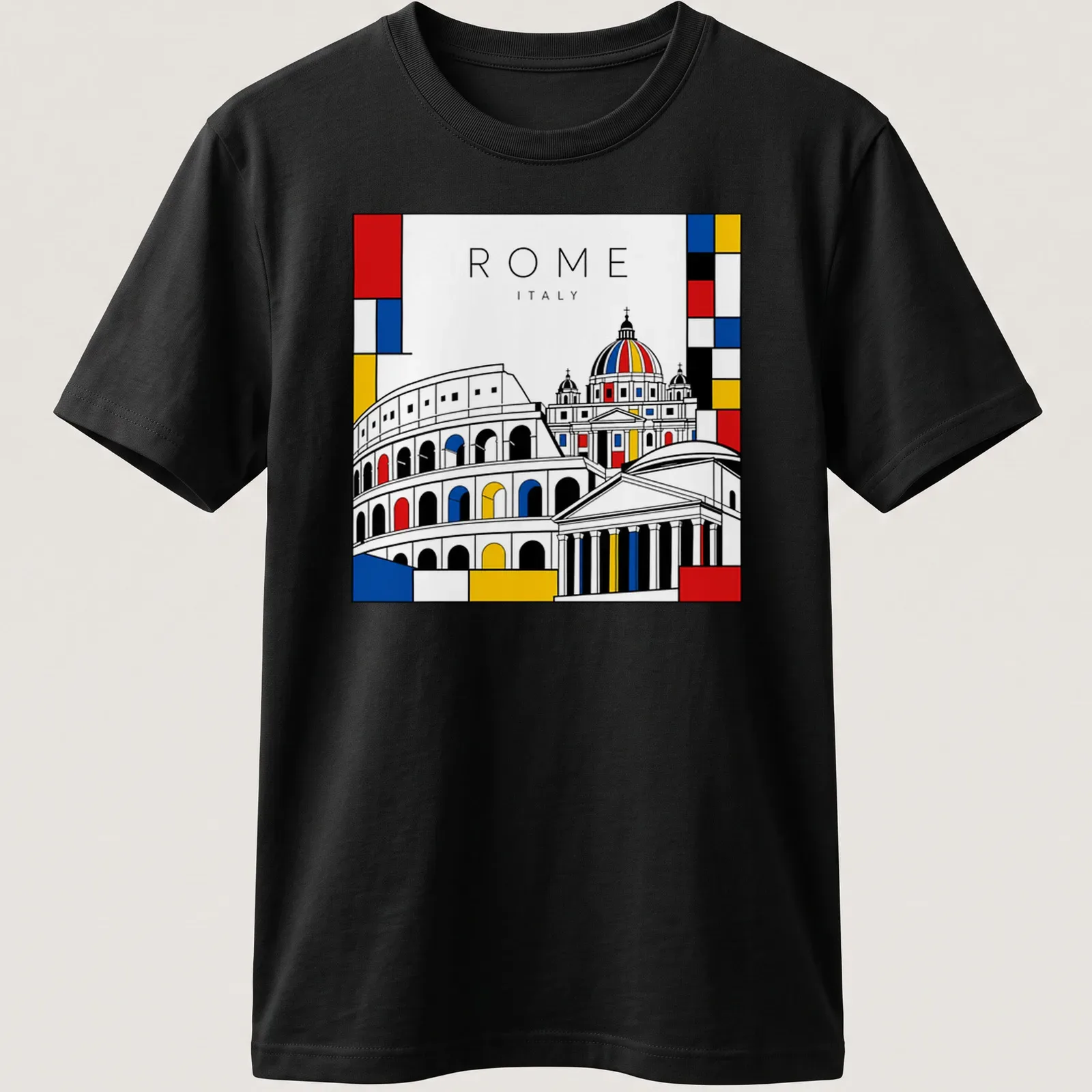 Mondrian style design featuring ROME ITALY with Colosseum and St. Peter's Basilica — printed on a unisex t-shirt
