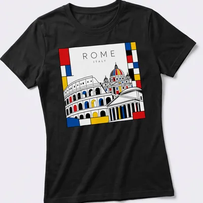 Mondrian style design featuring ROME ITALY with Colosseum and St. Peter's Basilica — printed on a women's shirt