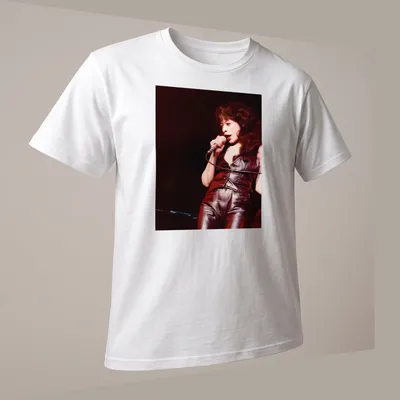 Vintage concert t-shirt featuring an illustration of Ronnie Spector in black, red, and brown — printed on a unisex t-shirt (angled view)