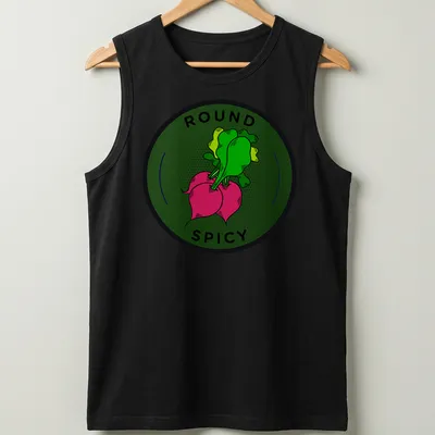 Colorful illustration of a radish with 'ROUND SPICY' text above it — printed on a tank top