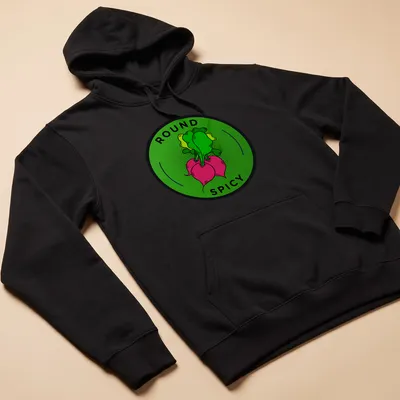 Colorful illustration of a radish with 'ROUND SPICY' text above it — printed on a unisex hoodie