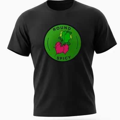 Colorful illustration of a radish with 'ROUND SPICY' text above it