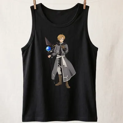 Anime character Rudeus Greyrat in shades of gray, black, white, brown, and blue — printed on a tank top
