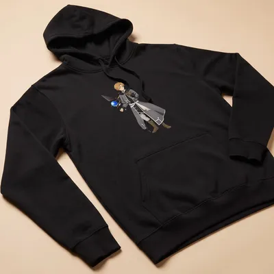 Anime character Rudeus Greyrat in shades of gray, black, white, brown, and blue — printed on a unisex hoodie