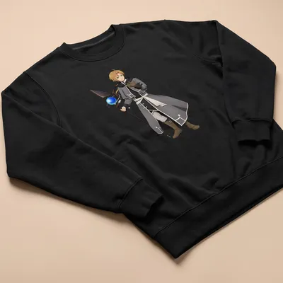 Anime character Rudeus Greyrat in shades of gray, black, white, brown, and blue — printed on a unisex sweatshirt