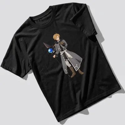 Anime character Rudeus Greyrat in shades of gray, black, white, brown, and blue