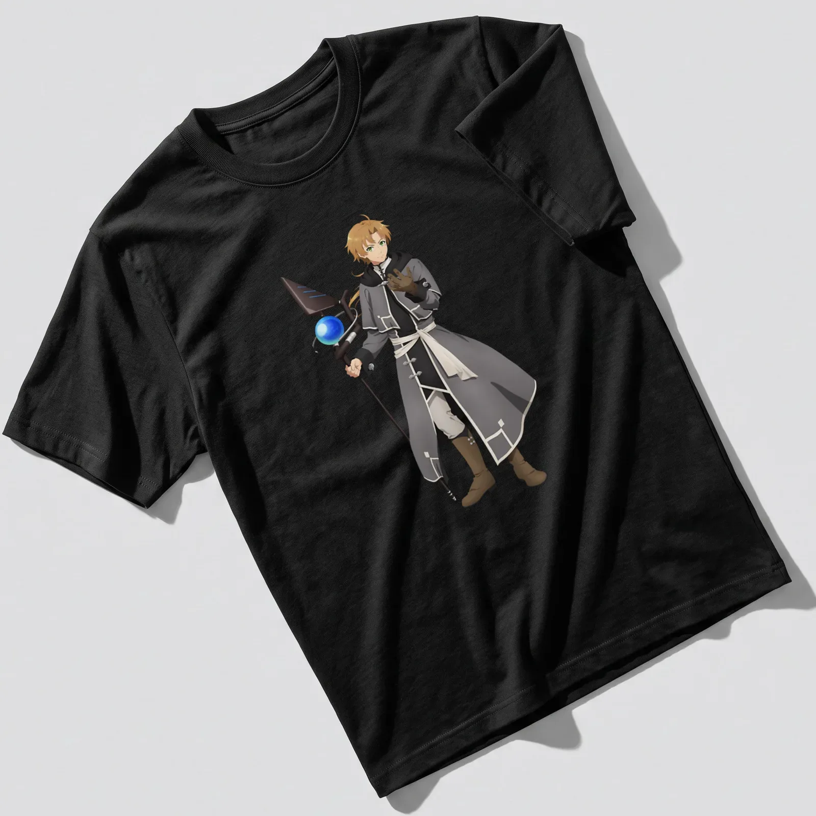 Anime character Rudeus Greyrat in shades of gray, black, white, brown, and blue — printed on a unisex t-shirt