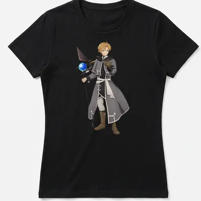 Anime character Rudeus Greyrat in shades of gray, black, white, brown, and blue — printed on a women's shirt