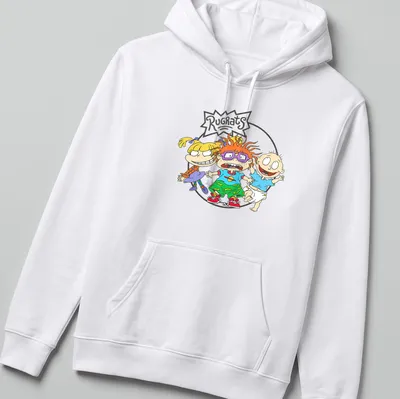 Cartoon Rugrats characters on a colorful T-shirt with yellow and blue tones. — printed on a unisex hoodie
