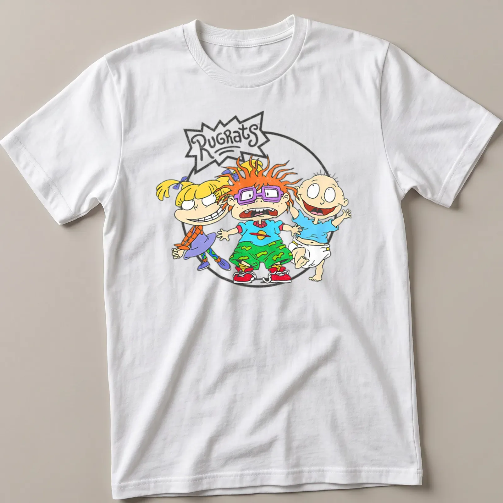 Cartoon Rugrats characters on a colorful T-shirt with yellow and blue tones. — printed on a unisex t-shirt