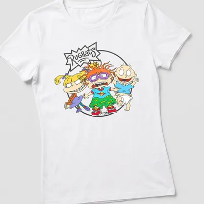 Cartoon Rugrats characters on a colorful T-shirt with yellow and blue tones. — printed on a women's shirt