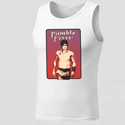 Vintage aesthetic t-shirt featuring Rumble Fish character and text in bold font — printed on a tank top