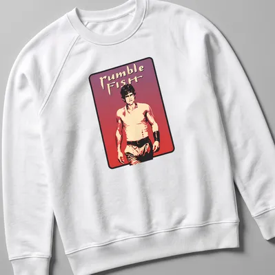 Vintage aesthetic t-shirt featuring Rumble Fish character and text in bold font — printed on a unisex sweatshirt