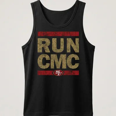 Distressed bold RUN CMC t-shirt featuring the San Francisco 49ers logo in gold, red, and white — printed on a tank top