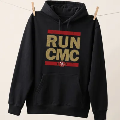 Distressed bold RUN CMC t-shirt featuring the San Francisco 49ers logo in gold, red, and white — printed on a unisex hoodie