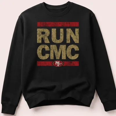 Distressed bold RUN CMC t-shirt featuring the San Francisco 49ers logo in gold, red, and white — printed on a unisex sweatshirt