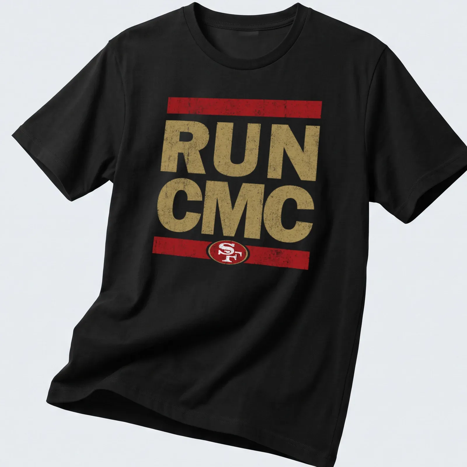 Distressed bold RUN CMC t-shirt featuring the San Francisco 49ers logo in gold, red, and white — printed on a unisex t-shirt