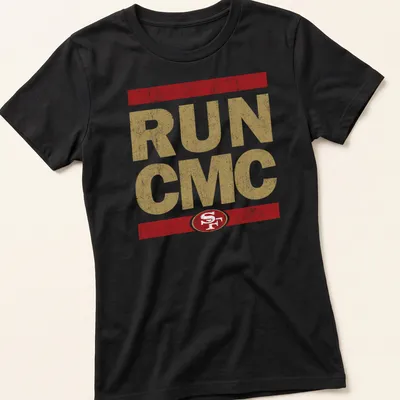 Distressed bold RUN CMC t-shirt featuring the San Francisco 49ers logo in gold, red, and white — printed on a women's shirt