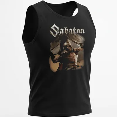 Illustration of an Ancient Greek warrior helmet and shield with the word 'Sabatons' — printed on a tank top