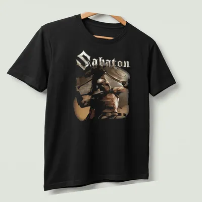 Illustration of an Ancient Greek warrior helmet and shield with the word 'Sabatons' — printed on a unisex t-shirt (angled view)