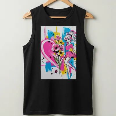 Colorful pop art design of a sailor mom with flowers and heart motif — printed on a tank top