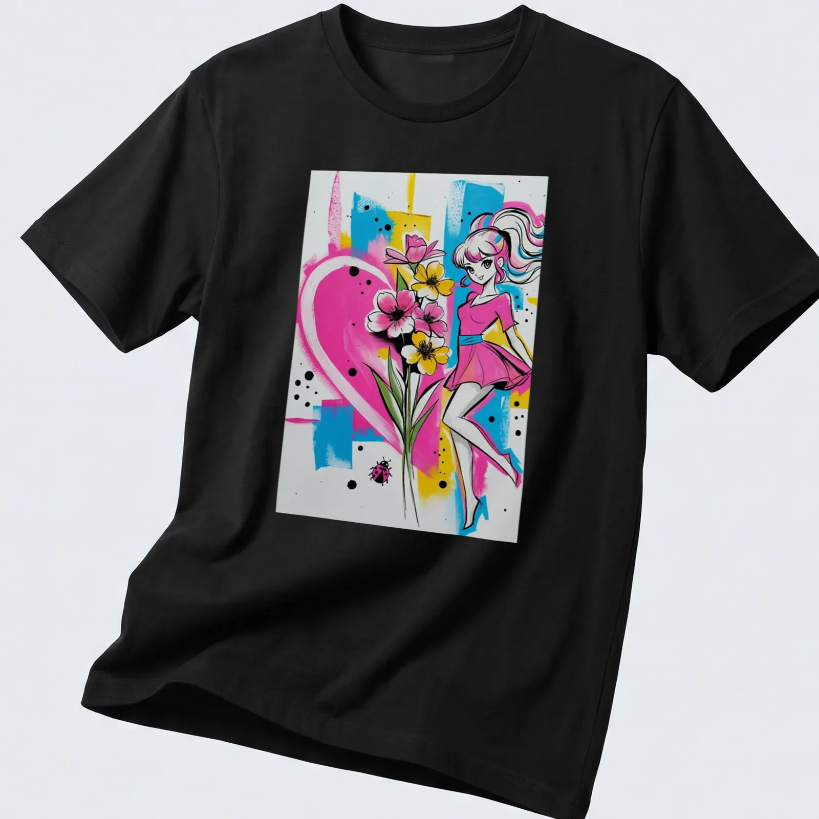 Colorful pop art design of a sailor mom with flowers and heart motif — printed on a unisex t-shirt