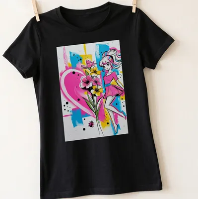 Colorful pop art design of a sailor mom with flowers and heart motif — printed on a women's shirt