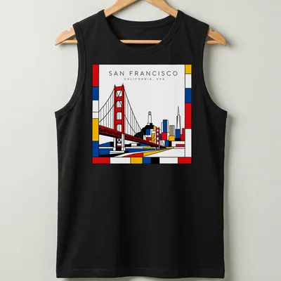 Mondrian style design featuring the Golden Gate Bridge and San Francisco text — printed on a tank top