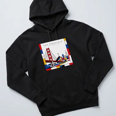 Mondrian style design featuring the Golden Gate Bridge and San Francisco text — printed on a unisex hoodie