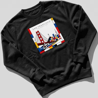 Mondrian style design featuring the Golden Gate Bridge and San Francisco text — printed on a unisex sweatshirt