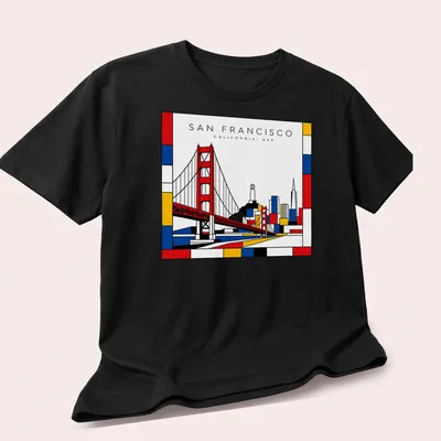 Mondrian style design featuring the Golden Gate Bridge and San Francisco text — printed on a unisex t-shirt (angled view)