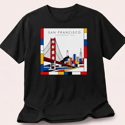 Mondrian style design featuring the Golden Gate Bridge and San Francisco text