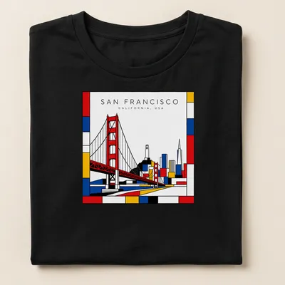 Mondrian style design featuring the Golden Gate Bridge and San Francisco text — printed on a women's shirt