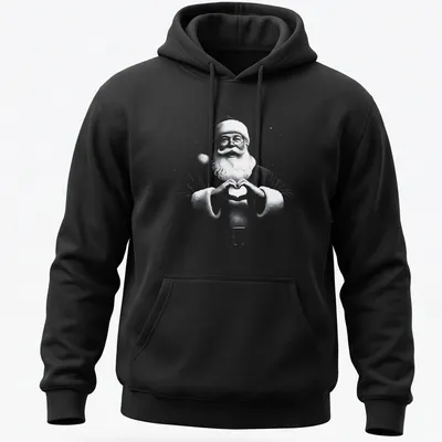 Vintage Santa Claus making heart shape with hands in Christmas — printed on a unisex hoodie