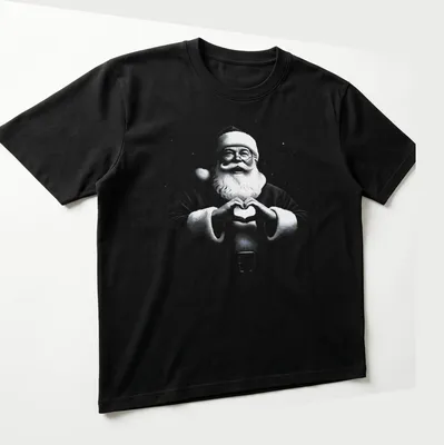 Vintage Santa Claus making heart shape with hands in Christmas — printed on a unisex t-shirt (angled view)