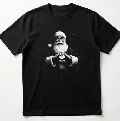 Vintage Santa Claus making heart shape with hands in Christmas tee