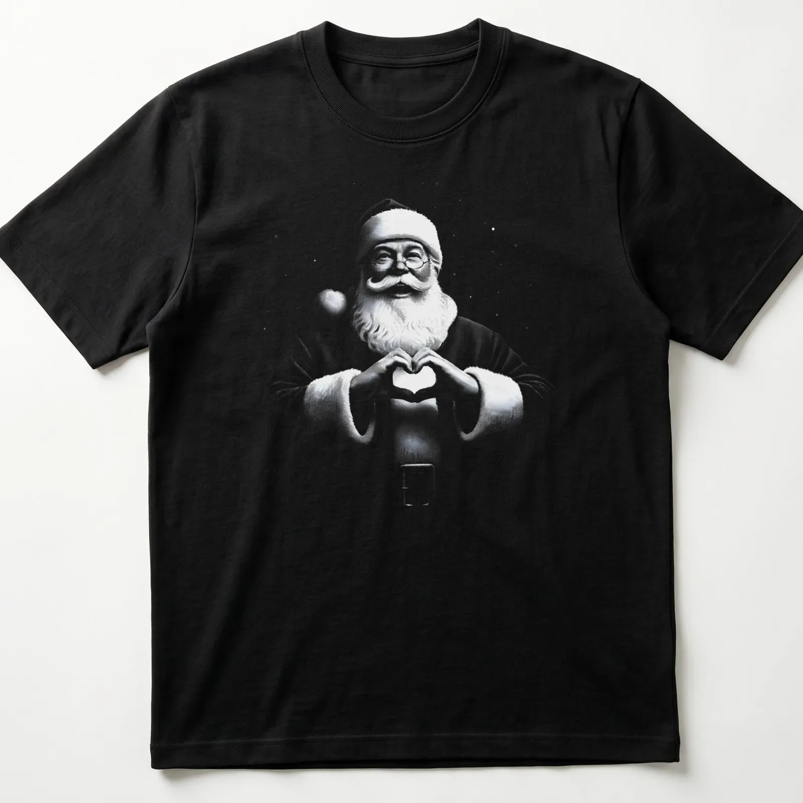 Vintage Santa Claus making heart shape with hands in Christmas — printed on a unisex t-shirt