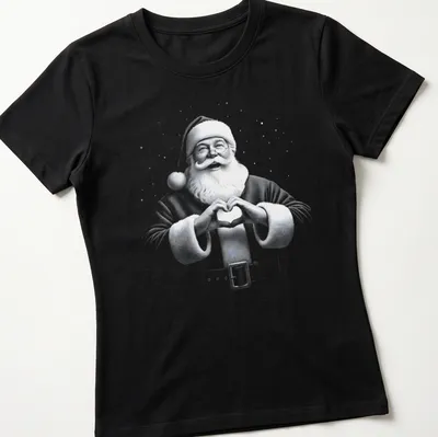 Vintage Santa Claus making heart shape with hands in Christmas — printed on a women's shirt