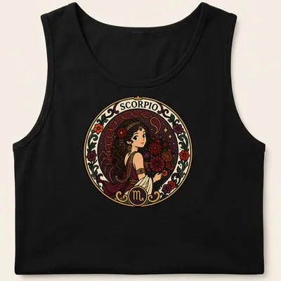 Vintage illustration of Scorpio woman with flowers and SCORPIO text — printed on a tank top