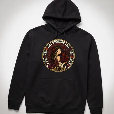 Vintage illustration of Scorpio woman with flowers and SCORPIO text — printed on a unisex hoodie