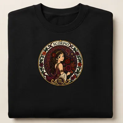 Vintage illustration of Scorpio woman with flowers and SCORPIO text — printed on a unisex sweatshirt